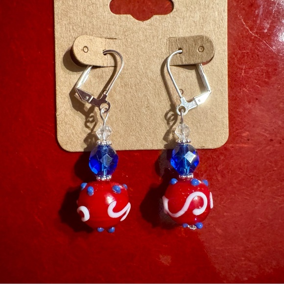 NEW Hand Crafted Red White & Blue Lampwork Glass Pierced Earrings - Picture 2 of 2